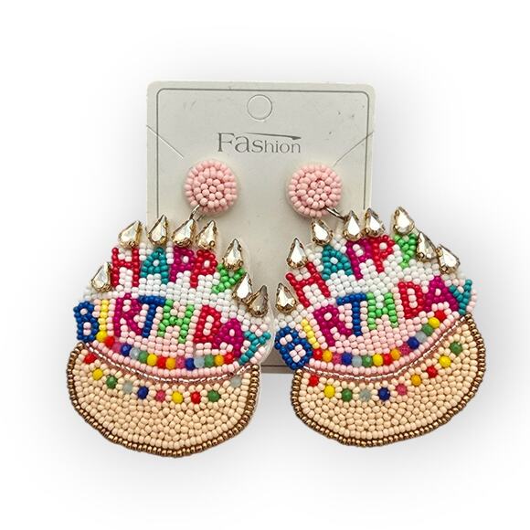Colorful Beaded “Happy Birthday” Statement Earrings - Picture 2 of 5